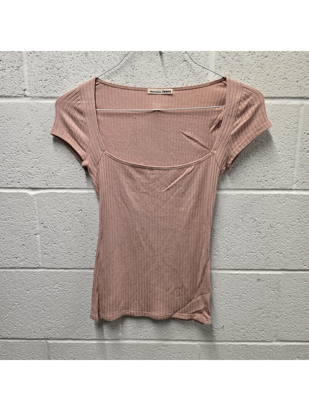 Reformation Ribbed Knit Bardot Top XS Short Sleeve Blush Pink Square Neckline